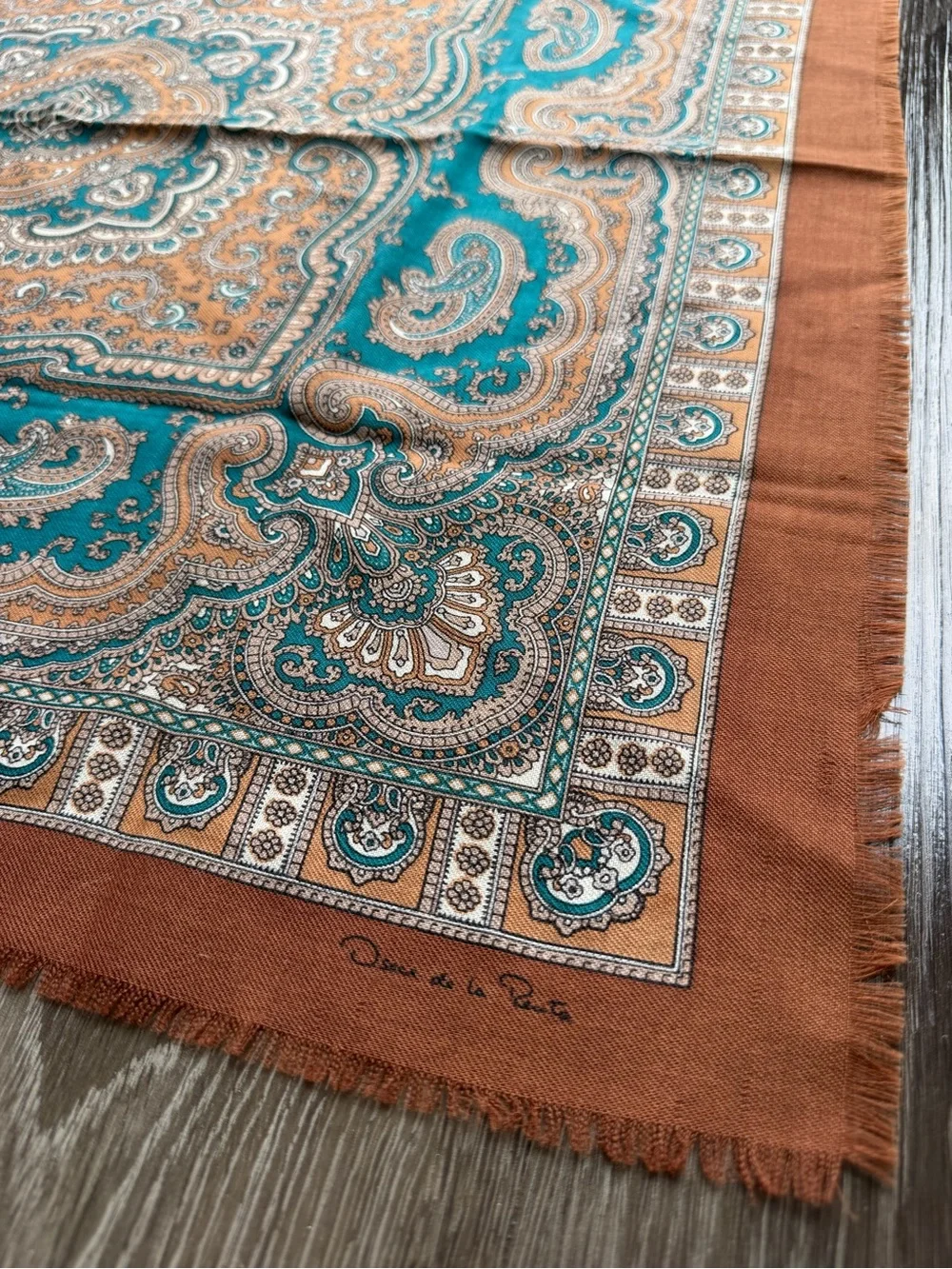 Oscar de la Renta Paisley Square Scarf Fringe Teal Brown Beige 30x30